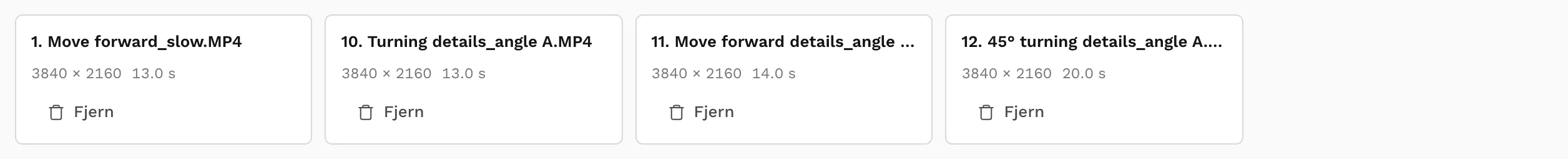Klippene lagt ind i AutoCUT, hver med sine mål, sin længde og antal shots.