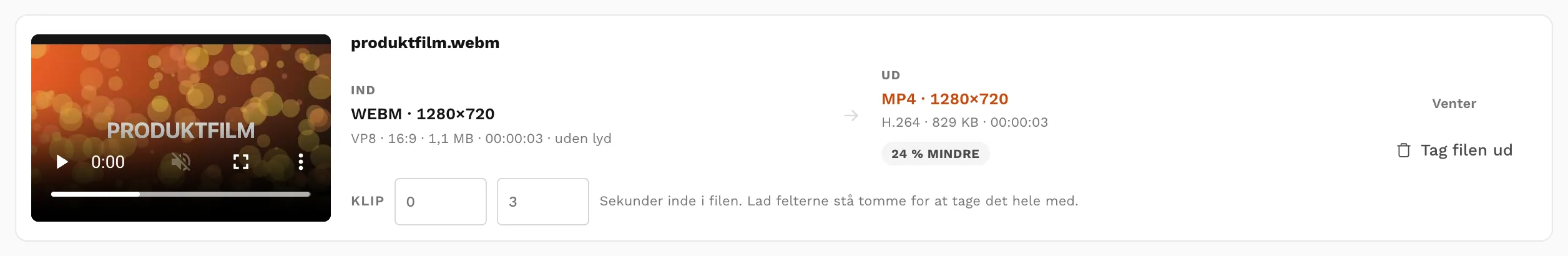 Kortet med afspilleren, filen der kommer ind til venstre og det, der kommer ud til højre.
