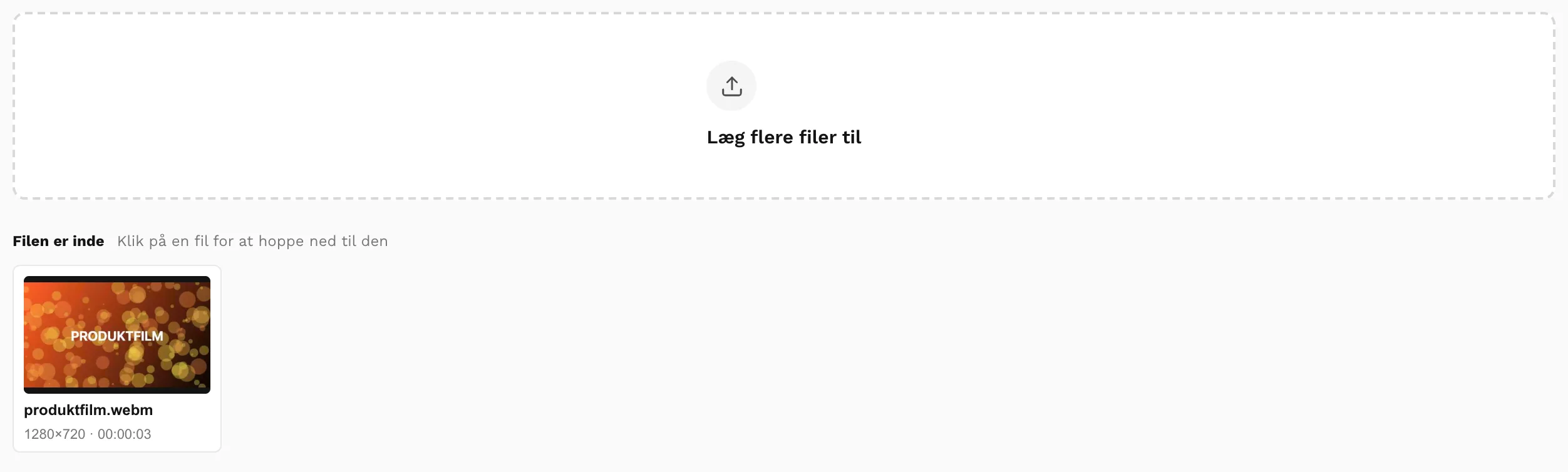Afleveringsfeltet med striben under, hvor hver fil står med et billede, navn og længde.