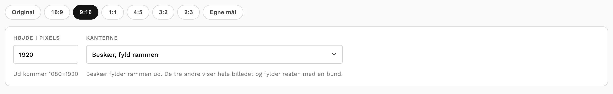 Formatvælgeren med de fire forhold, egne mål og valget om, hvad der sker med kanterne.