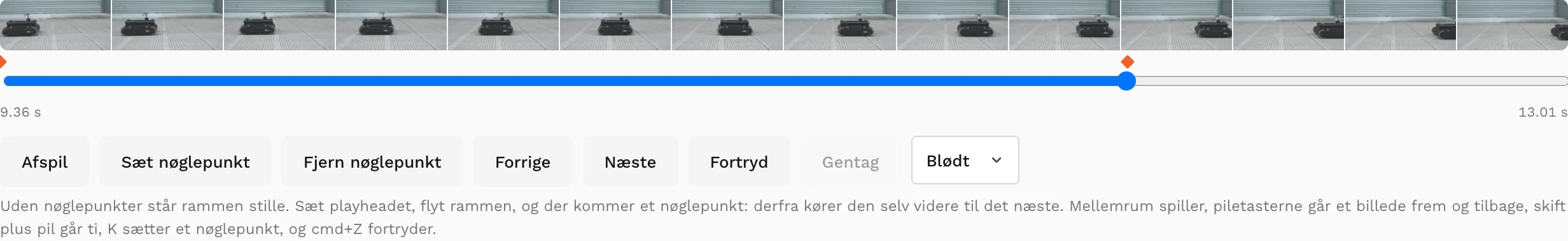 Tidslinjen med playhead, nøglepunkter og knapperne til at sætte og fjerne dem.