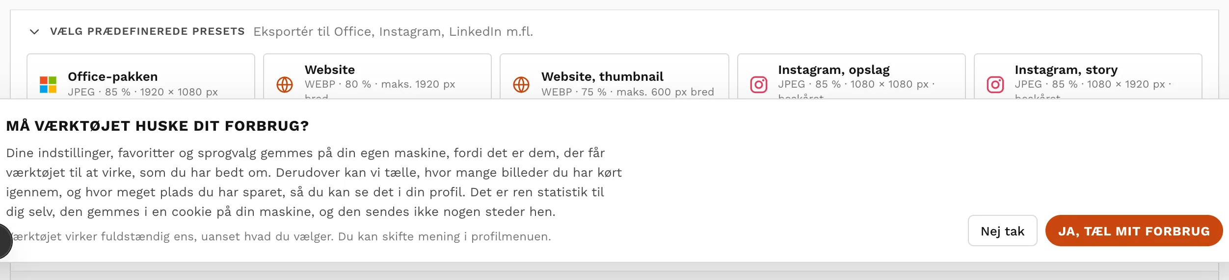 Rækken af færdige presets med de enkelte mediers mærker.