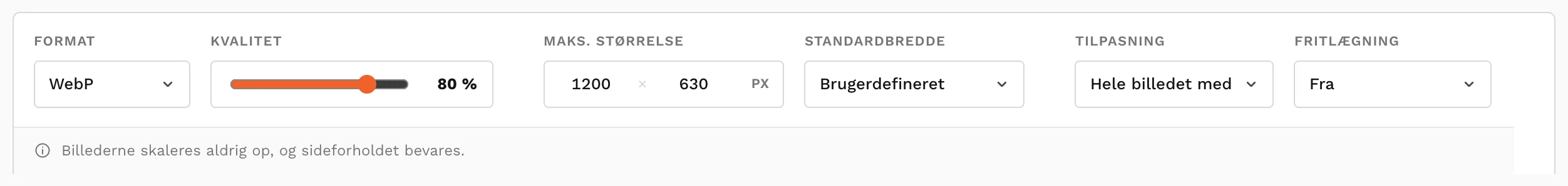 Indstillingspanelet med format, kvalitet, mål, tilpasning og fritlægning.