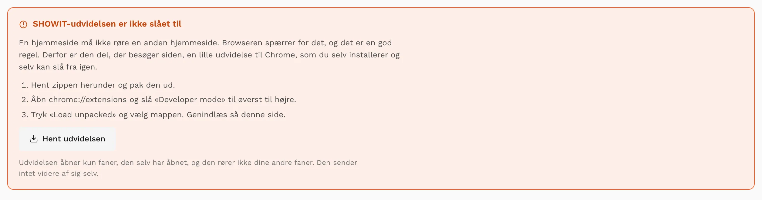 Beskeden i toppen, når udvidelsen ikke er slået til, med de tre trin til at få den ind.