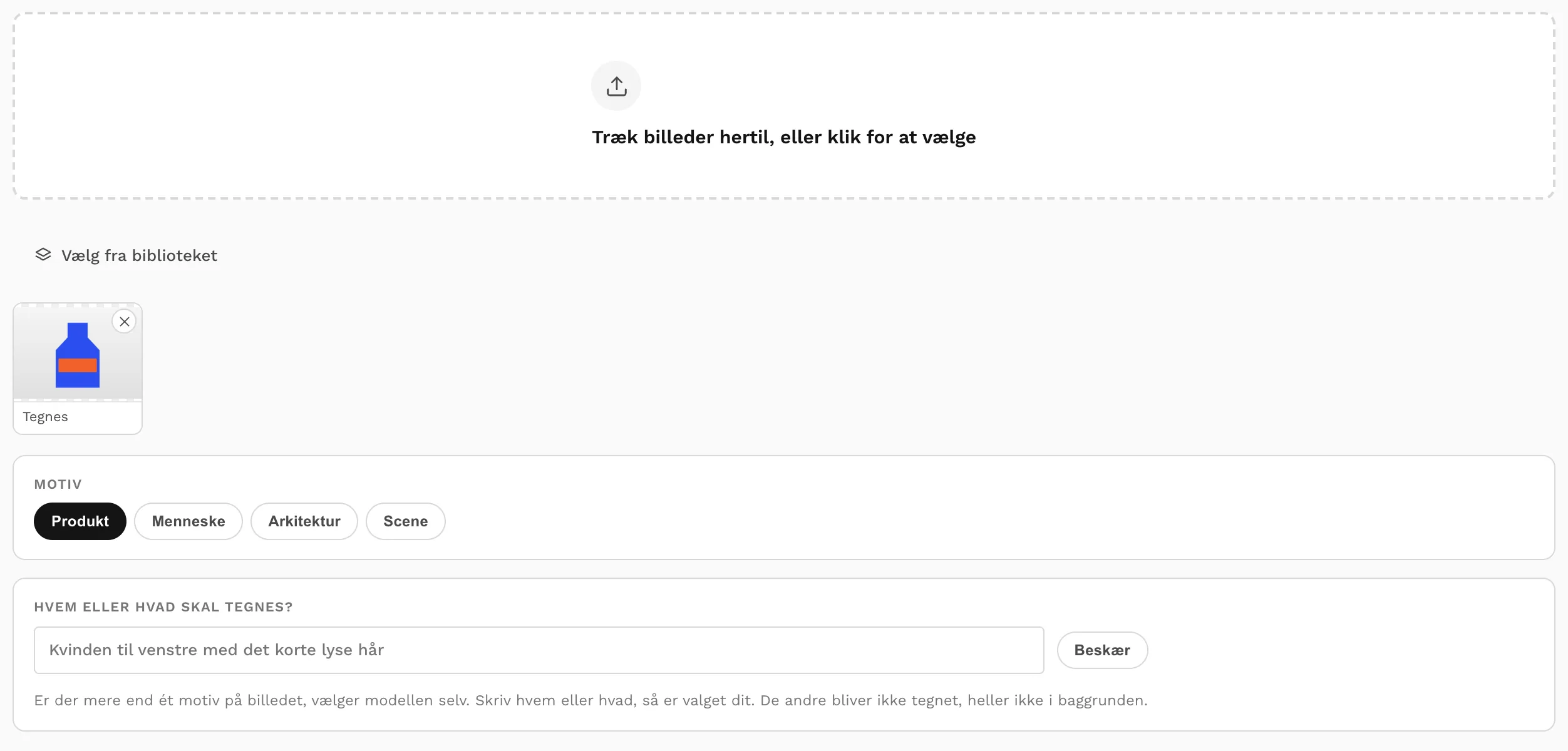 Motivet lagt ind i SketchIT, med motivtype og feltet, hvor man skriver, hvad der skal tegnes.