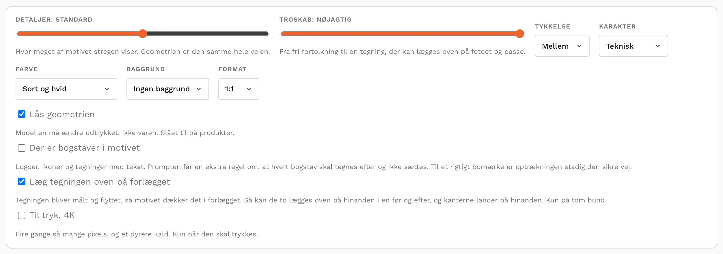 Finjusteringen med detaljer, troskab, streg, farve, baggrund og låsen på geometrien.