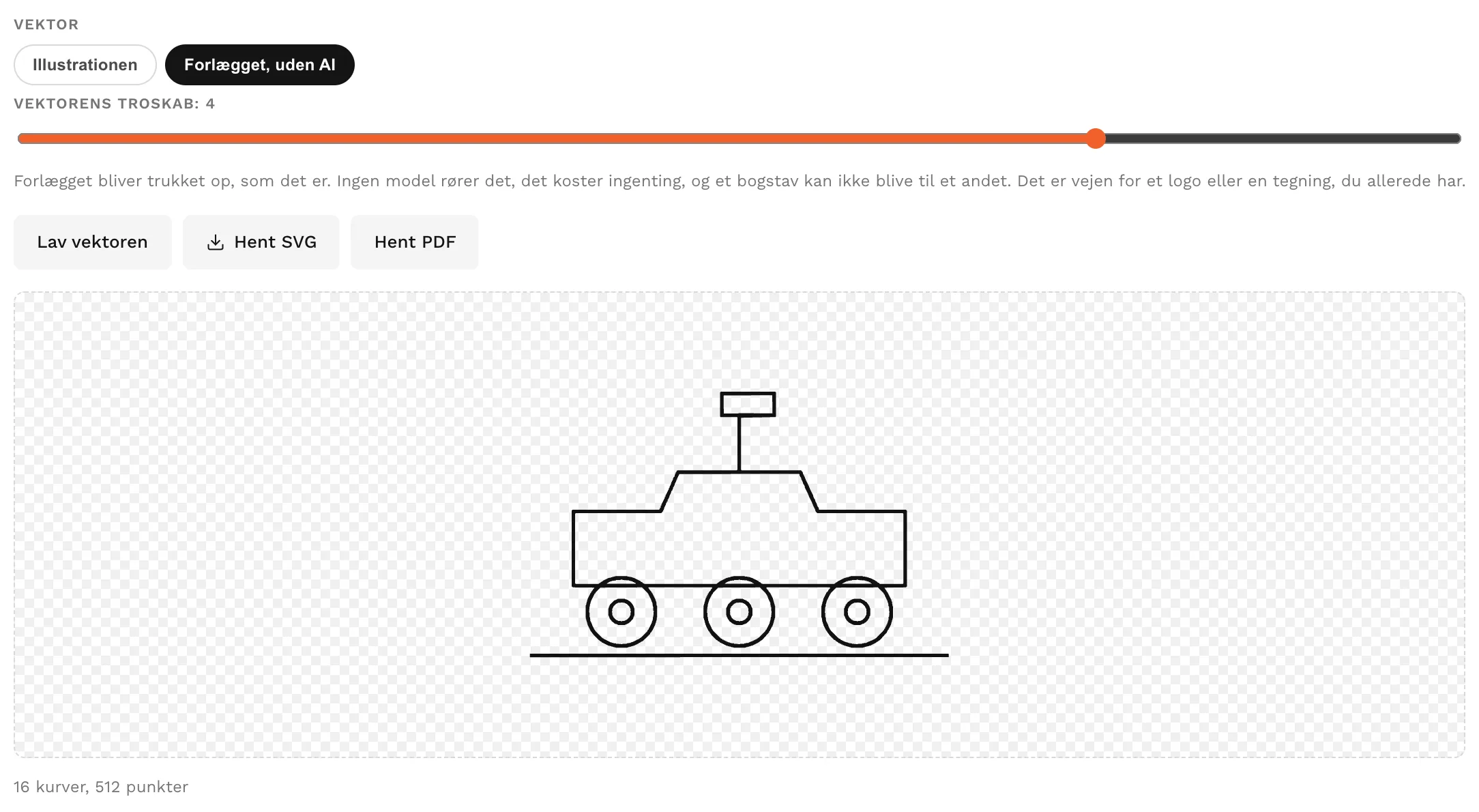 Vektorpanelet, hvor stregen bliver trukket op til kurver og hentet som SVG eller PDF.