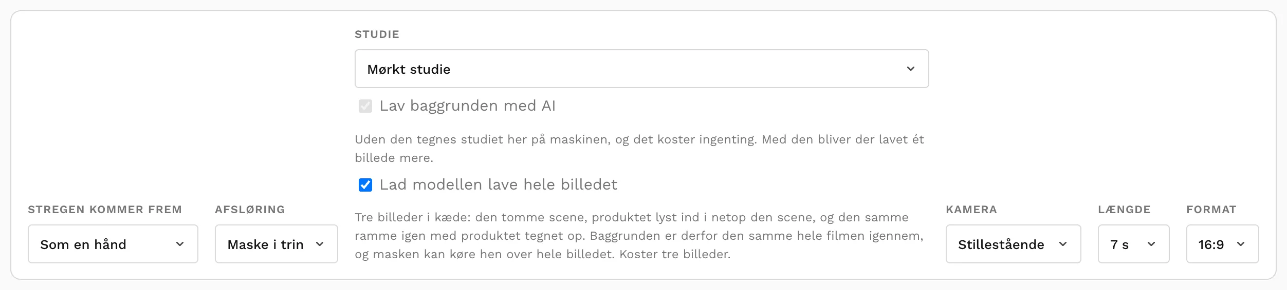 Valgene til filmen: hvordan stregen kommer frem, afsløringen, studiet, kameraet, længden og formatet.