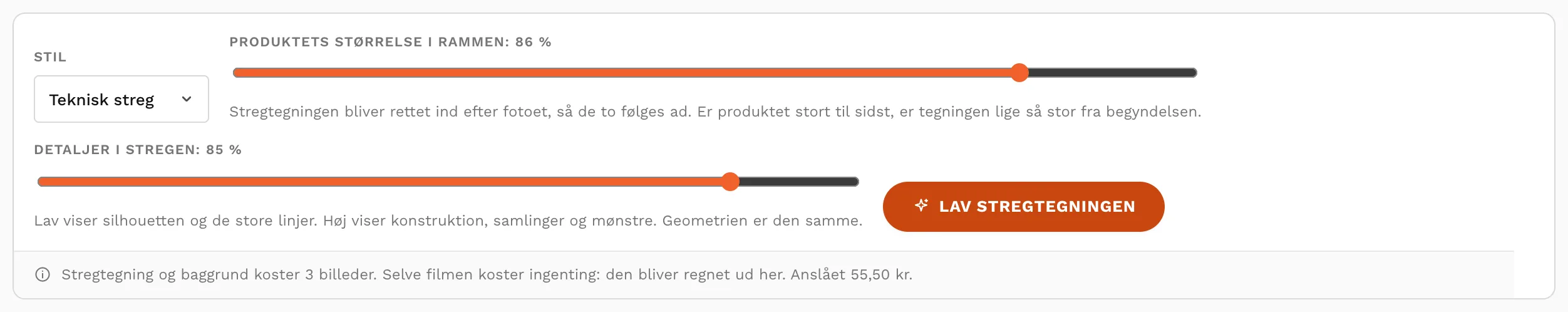 Valget af stil, produktets størrelse i rammen og detaljer i stregen, med prisen under knappen.